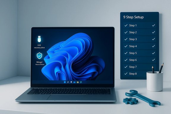 Sleek desk setup with a laptop and a 9-step checklist board on the wall. Sleek desk setup with a laptop and a 9-step checklist board on the wall.