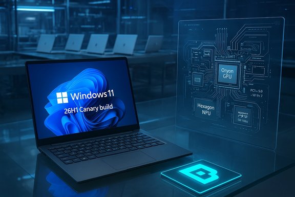 Windows 11 laptop on a glass desk beside a blue holographic GPU circuit diagram. Windows 11 laptop on a glass desk beside a blue holographic GPU circuit diagram.