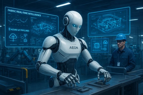 AEON robot operates at a factory line beneath blue holographic displays. AEON robot operates at a factory line beneath blue holographic displays.
