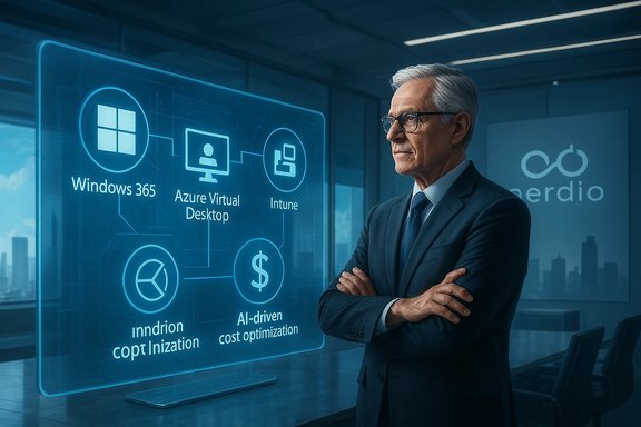 A senior businessman studies a holographic dashboard showing Windows 365, Azure Virtual Desktop, and Intune.