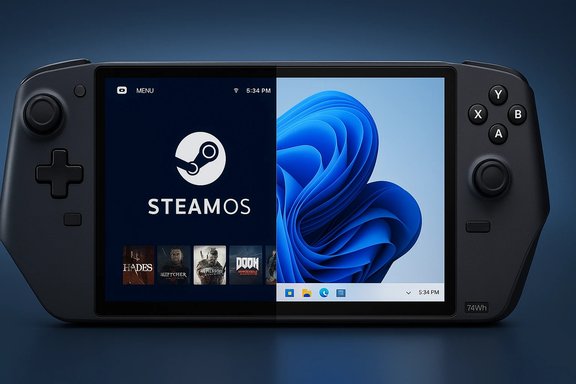 A handheld gaming console shows SteamOS on the left and Windows 11 on the right.