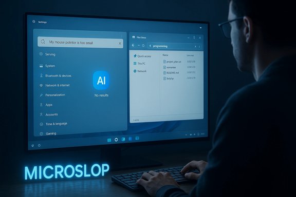 A person types at a desk while the monitor shows AI UI and a glowing MICROSLOP sign.