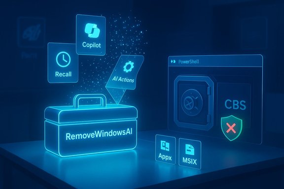Neon holographic scene of a toolbox labeled RemoveWindowsAI with Copilot and AI Actions.