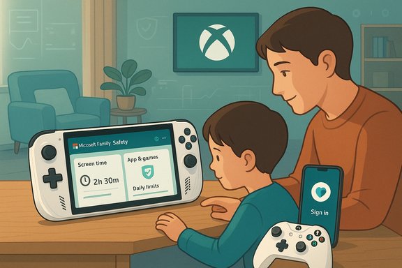 A parent and child set screen-time limits on a handheld console using Microsoft Family Safety.