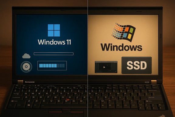 Laptop with split screen: Windows 11 on the left, Windows with an SSD label on the right. Laptop with split screen: Windows 11 on the left, Windows with an SSD label on the right.
