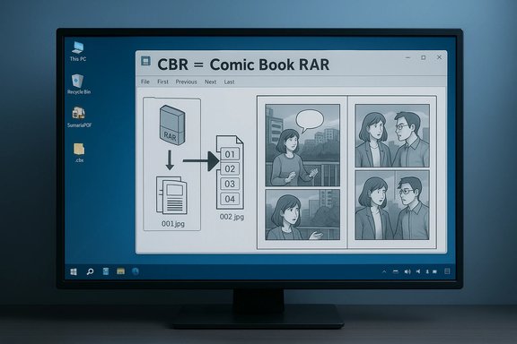Monitor shows a CBR (Comic Book RAR) reader with a RAR flow and a four-panel comic strip.
