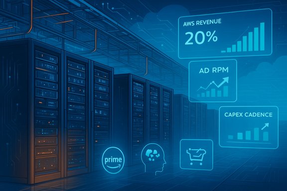 Futuristic data center with blue-toned server racks and holographic analytics panels.
