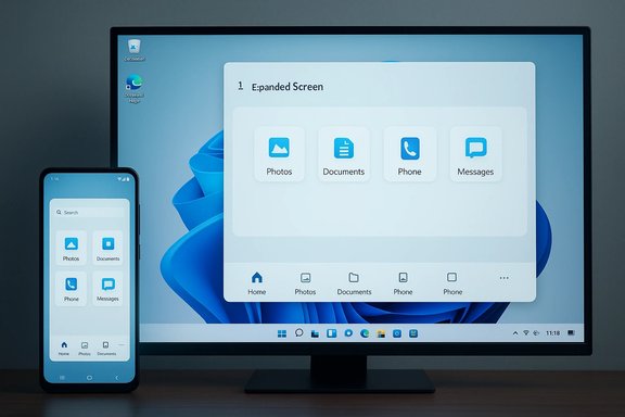 Desktop monitor and smartphone show a unified UI with Photos, Documents, Phone, and Messages.