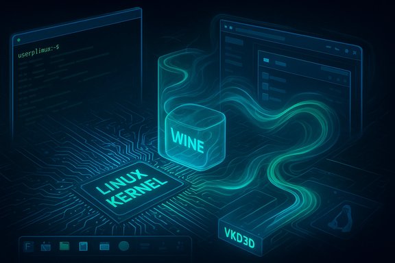 Neon illustration of Linux kernel, Wine, and VKD3D enabling Windows apps on Linux.