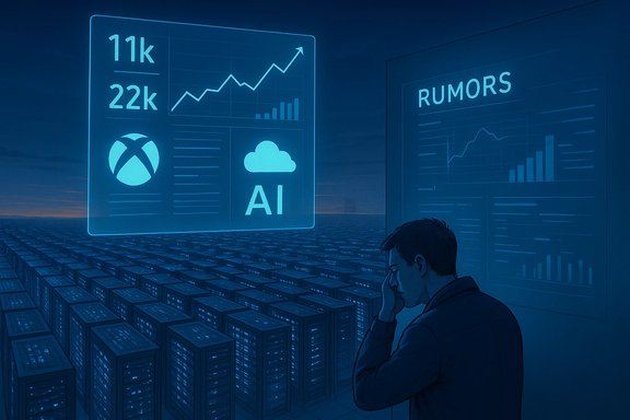 A man ponders AI and rumors on glowing dashboards in a vast data center.