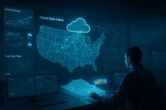 A data analyst reviews the US cloud data fabric on holographic blue dashboards.