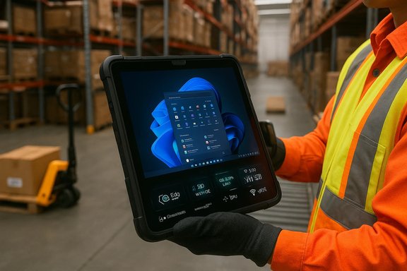 Warehouse worker in a hi-visibility vest uses a rugged tablet displaying Windows 11.