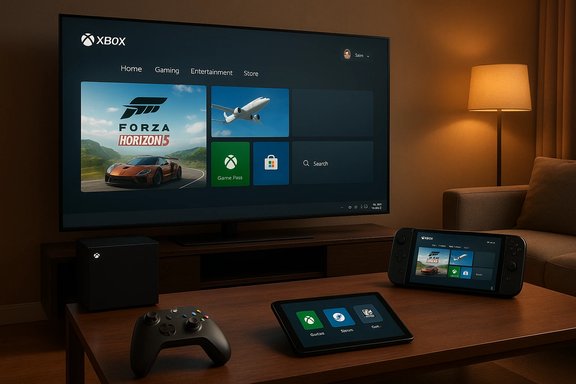 Cozy living room setup with a large TV showing the Xbox dashboard, plus a console, controller, and tablet.