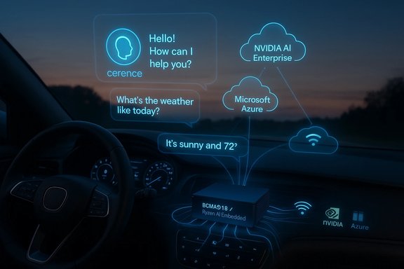 A futuristic car dashboard showcasing a neon-blue holographic AI assistant and cloud services.