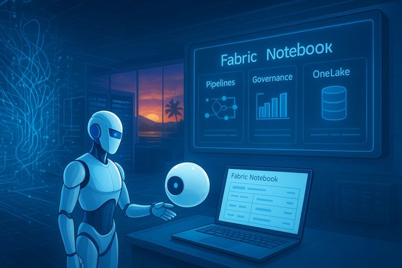 Two robots review a Fabric Notebook dashboard displaying Pipelines, Governance, and OneLake.