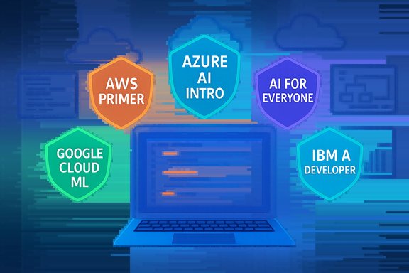 Neon shield badges showcase AWS, Azure AI Intro, Google Cloud ML, IBM A Developer, and AI for Everyone around a glowing laptop.