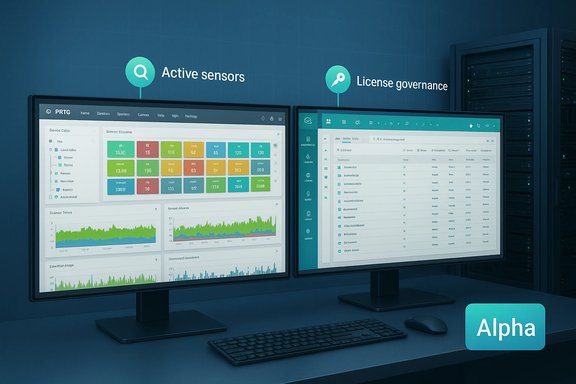Two wide monitors display data dashboards under Active sensors and License governance.