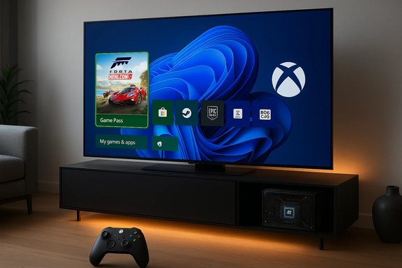 A living room with a large Xbox home screen on a flat TV, underlit by warm orange LEDs, and a controller on the floor.