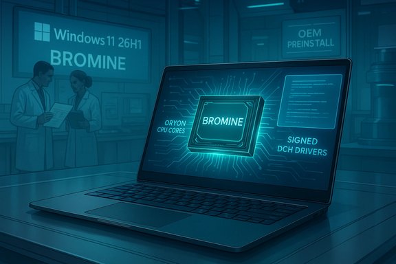 Futuristic lab scene with a laptop showing a BROMINE chip as researchers confer in the background. Futuristic lab scene with a laptop showing a BROMINE chip as researchers confer in the background.