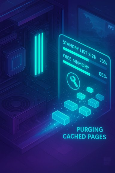 Neon-blue computer hardware with a holographic display showing Purging cached pages.