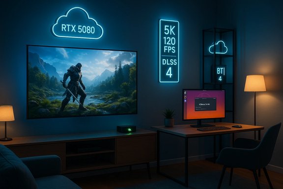 Neon-lit gaming room with RTX 5080 cloud sign, 5K/120 FPS DLSS 4, and a knight on a mountain landscape.