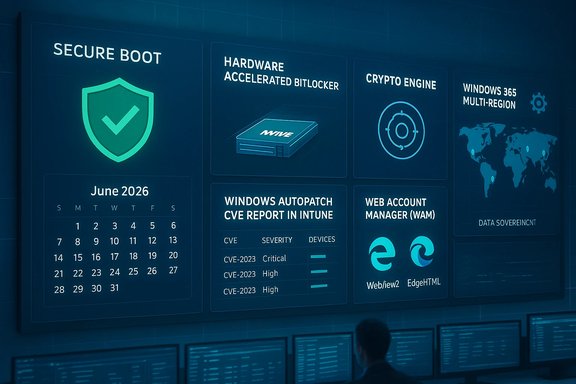 A futuristic security dashboard displaying Secure Boot, hardware-accelerated BitLocker, crypto engine, and Windows tools.