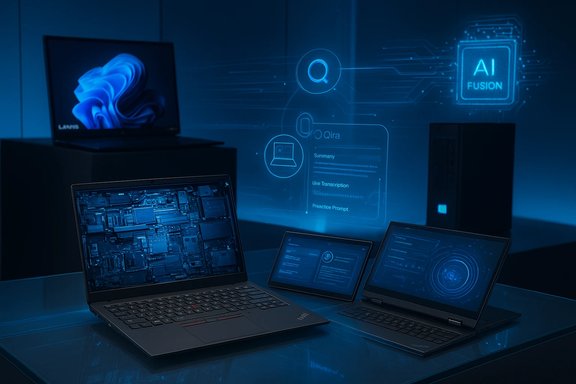 A futuristic workstation with several laptops and a blue holographic AI interface.