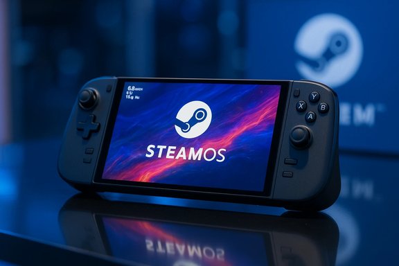 A handheld gaming console displaying SteamOS with the Steam logo on screen.