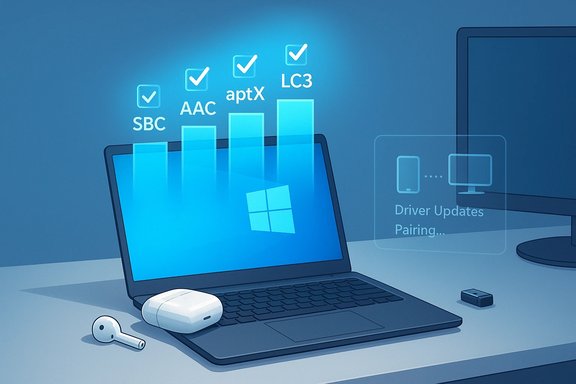 Laptop screen shows progress bars for wireless audio codecs—SBC, AAC, aptX, LC3—with driver updates.