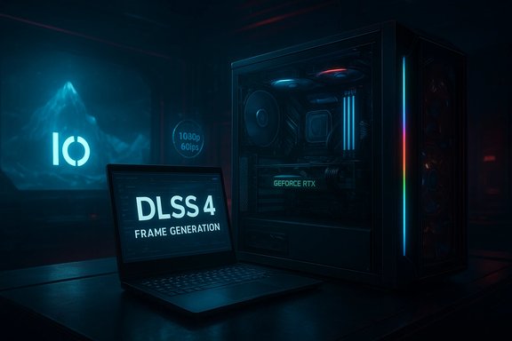 Neon-blue gaming PC with RTX and RGB lighting, paired with a laptop showing DLSS 4 Frame Generation.