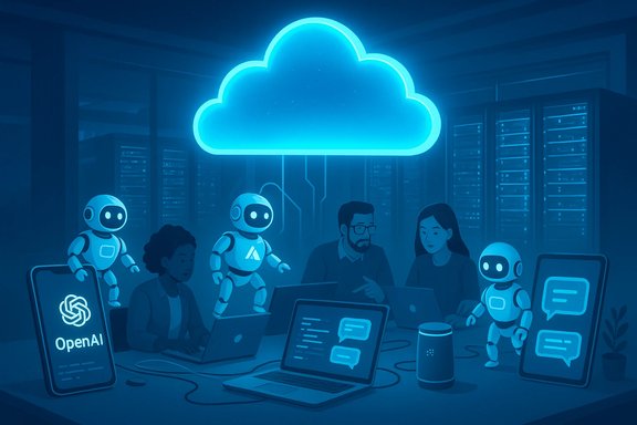 Humans and robots collaborate around laptops under a glowing blue cloud in a high-tech data lab. Humans and robots collaborate around laptops under a glowing blue cloud in a high-tech data lab.