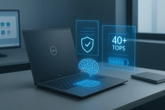 Holographic blue AI and security icons float beside a Dell laptop.