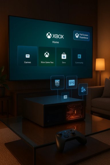 Cozy living room with Xbox Home on a large TV, a glowing console, and a controller on a glass table.