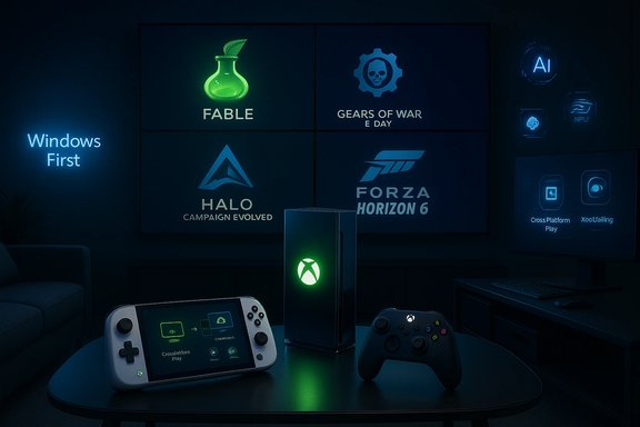 Dim gaming room with an Xbox Series X and wall screens showing Halo, Fable, Forza, and Gears of War.