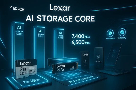 Lexar AI Storage Core showcase at CES 2026 with AI-grade SSDs, sticks and cards.