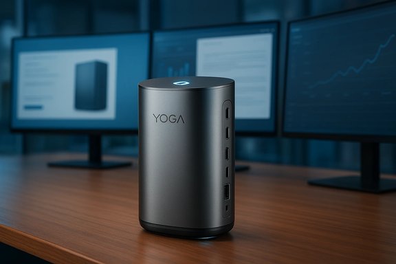 A sleek YOGA cylindrical mini PC sits on a desk beside multiple monitors.