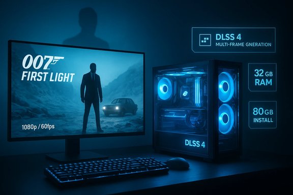 Blue-lit gaming PC setup with DLSS 4 branding and a monitor showing 007: First Light. Blue-lit gaming PC setup with DLSS 4 branding and a monitor showing 007: First Light.