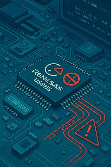 Close-up of a circuit board with a Renesas USBHS chip and a kernel panic warning.