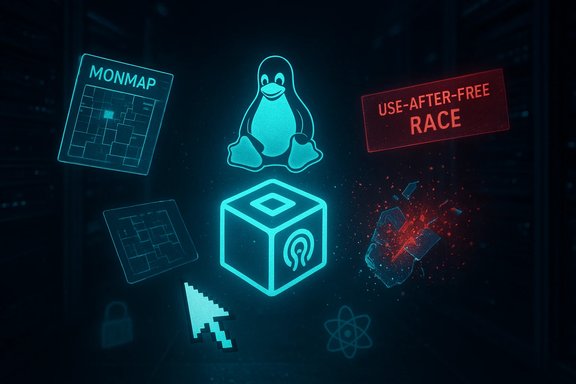 Neon blue Linux penguin floats above a glowing cube surrounded by security icons.