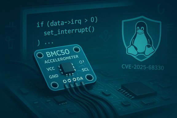 Blue-tinted circuit board featuring a BMC50 accelerometer, a code snippet, and a Linux shield logo.