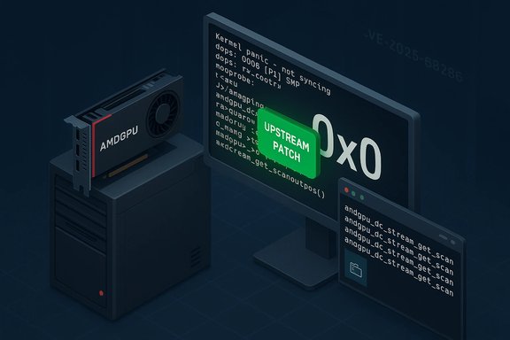 3D illustration of a PC with an AMDGPU card, monitor showing code and an upstream patch badge.