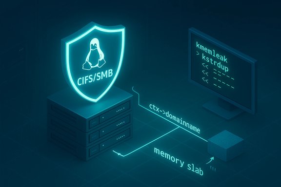 A glowing Linux shield labeled CIFS/SMB sits on a server as code leaks from memory to a memory slab.