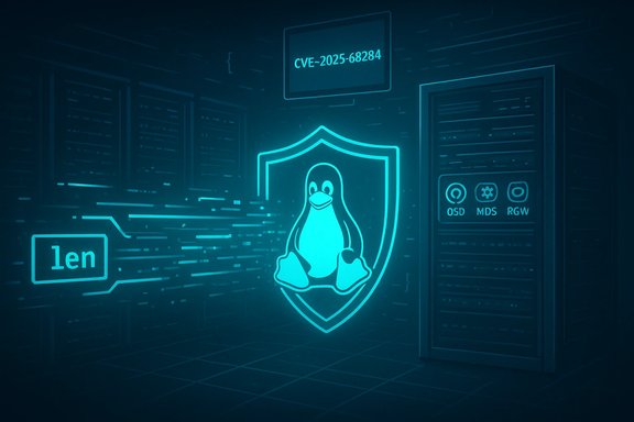 Neon blue Linux penguin shield protecting servers from CVE-2025-68284.