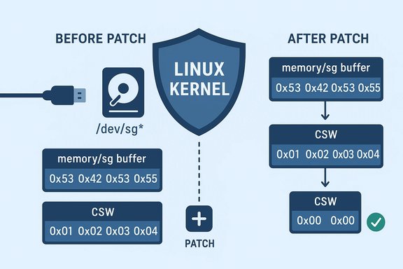 Diagram showing applying a Linux kernel patch to fix SCSI memory buffer and CSW handling.