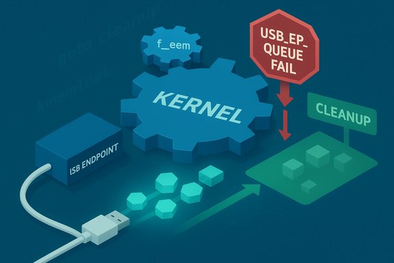 A stylized kernel gear links USB endpoint to cleanup, with a queue-fail warning.