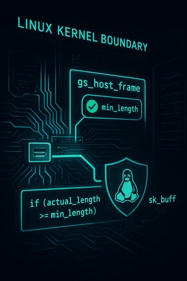Neon teal Linux kernel boundary diagram with code blocks and a penguin shield.