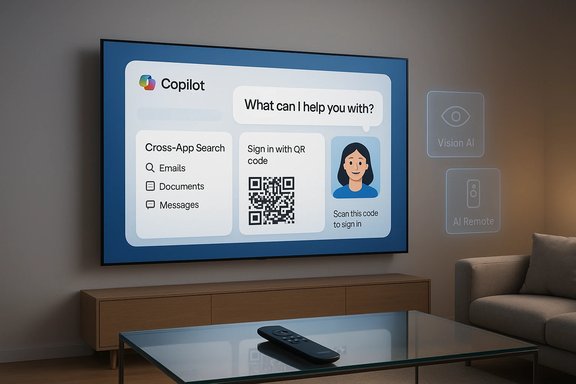 A living room with a large screen showing Copilot’s UI and projected AI tools.