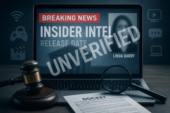 Laptop screen shows Breaking News: Insider Intel with an UNVERIFIED stamp, plus a gavel and docket on the desk.