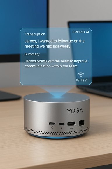A silver Yoga smart speaker on a desk projects a translucent AI transcription overlay.