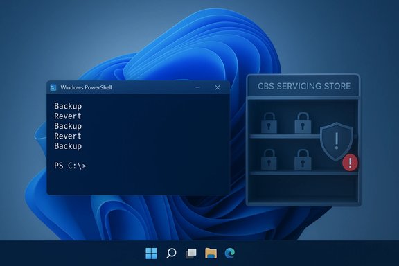 PowerShell window shows repeated “Backup” and “Revert” commands on a Windows 11 desktop. PowerShell window shows repeated “Backup” and “Revert” commands on a Windows 11 desktop.